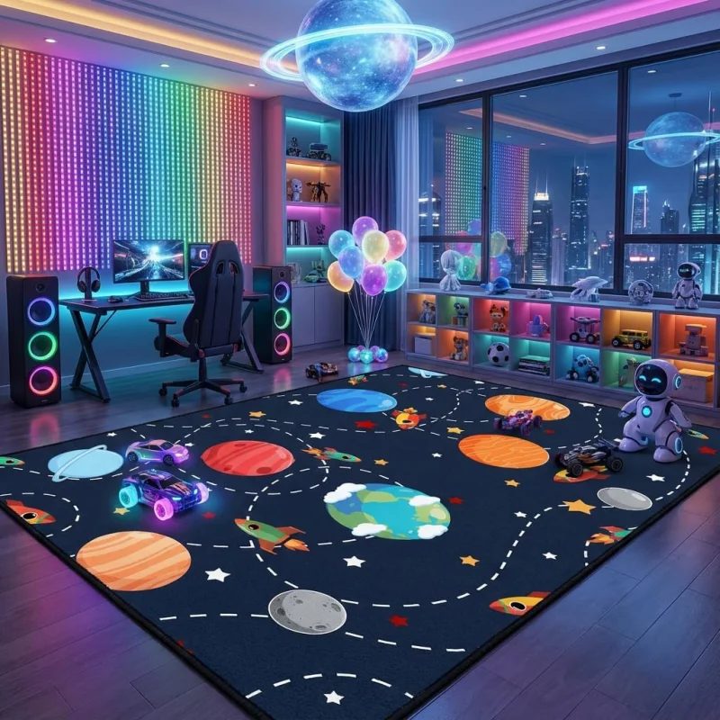 VIKAMA Galaxy Rocket Printed Floor Mat Anti slip Indoor Carpet Bedroom Game Room Floor Mat Home Decoration