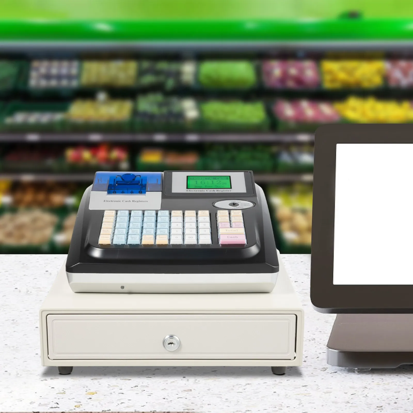 

48-Key Electronic Cash Register Commercial 8-Digit LED Black Cash Register with LED Display and LCM Screen