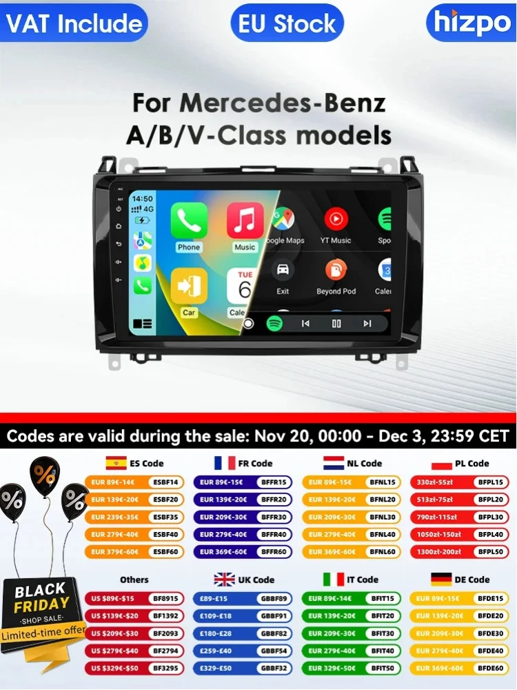 Hizpo 2Din Android 14 Auto-Multimediaplayer für Mercedes Benz B200 Sprinter W906 W639 AB Klasse W169 W245 Viano Vito GPS Carplay 9 Zoll Intelligenter Bildschirm QLED-Display Automotive Head Unit