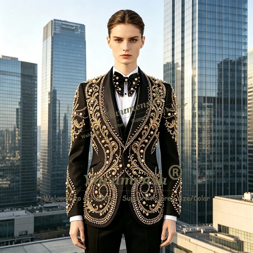 Intricate Hand Pearls Beading Suits Women Formal Wear Shawl Lapel Prom Blazer Vest Pants 3 Piece Bride's Mother Dress Customized