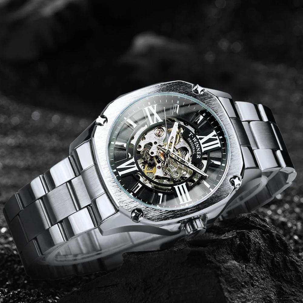 WINNER Fashion Square Skeleton Automatic Mechanical Watch for Men Luminous Hands Business Luxury Watches Stainless Steel Strap