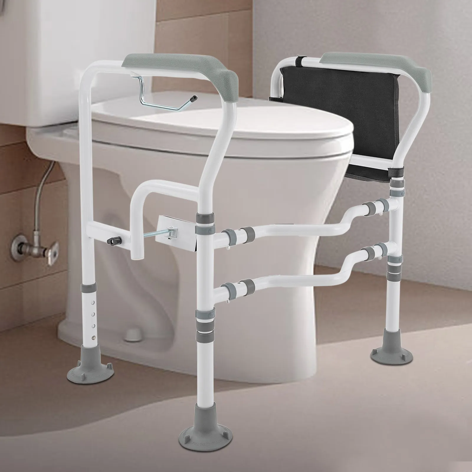 Toilet Safety Frame Rail with Suction Cups and Anti-Slip Handrails, Carbon Steel, Adjustable Height and Length