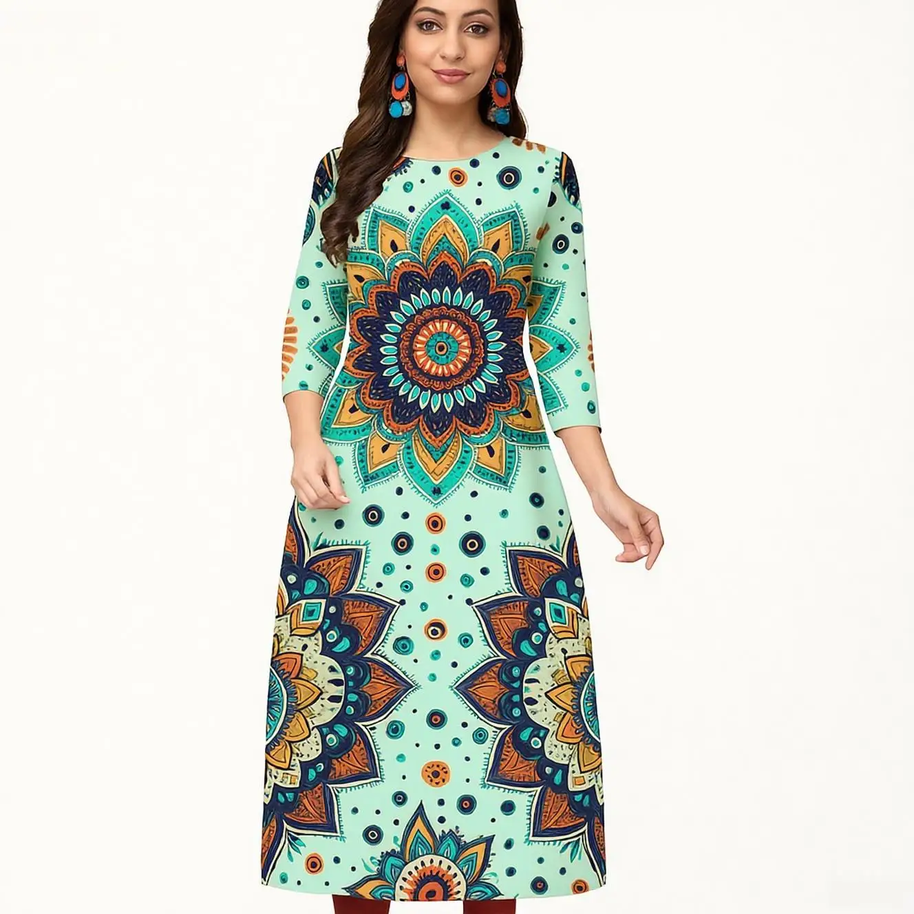 Women's casual, fashionable and comfortable Kurt dress long sleeved straight tube casual ethnic round neck regular size new item