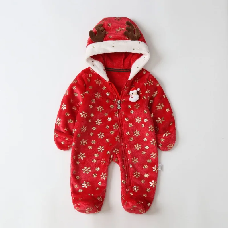 Autumn and Winter Baby Clothes Christmas Newborn Plush Jumpsuit Cartoon Deer Baby Girls Boys Romper Warm Infant Hooded Bodysuit