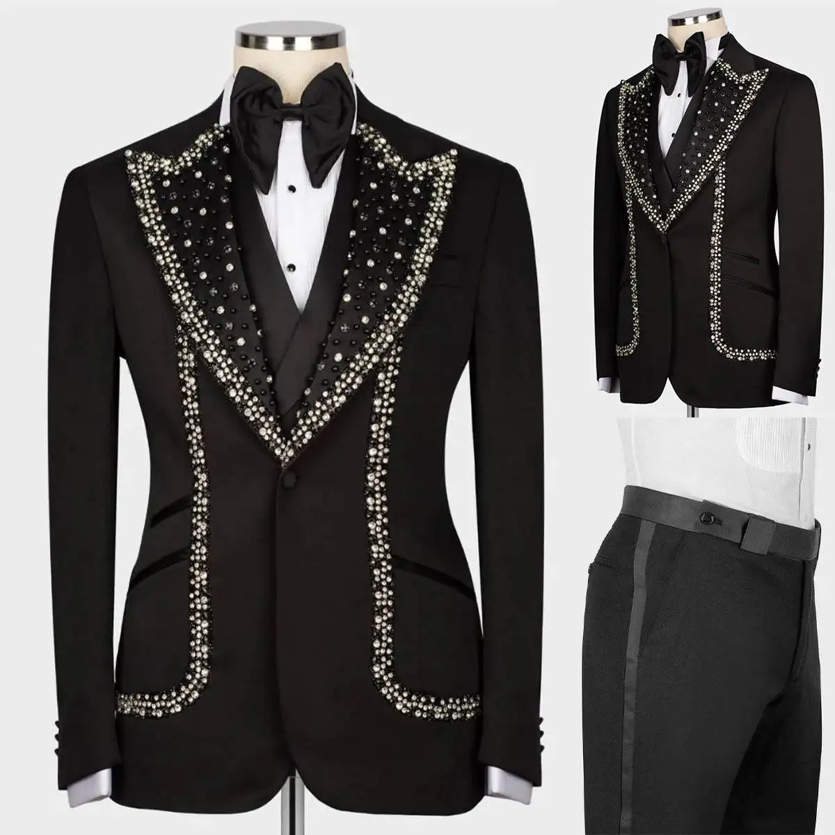 Black Beads Mens Wedding Tuxedos Peaked Lapel Groom Wear 2 Pieces Tailored Men Prom Birthday Party Pants Suits