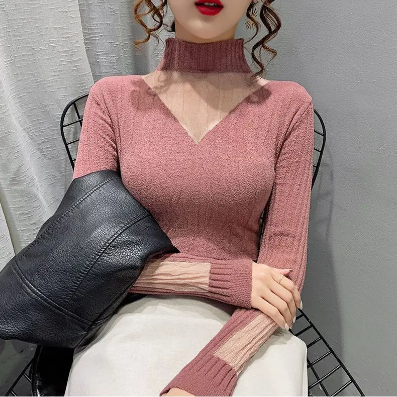 Mesh Splicing Knitted Sweater 2026 Spring Autumn Women's Elastic Slim Turtleneck Long Sleeve Sweater Office Lady Elegant Shirt 6