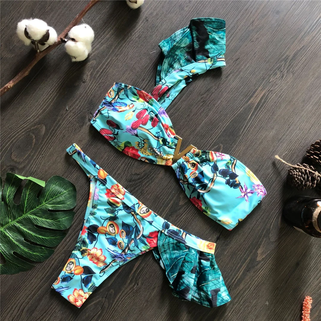 Blumenmuster, einseitiger Bikini, Damen-Badebekleidung, zweiteiliger Bikini-Set, Badeanzug mit Rüschen, Badebekleidung, Badeanzug, Modell V8049. – Detail 3