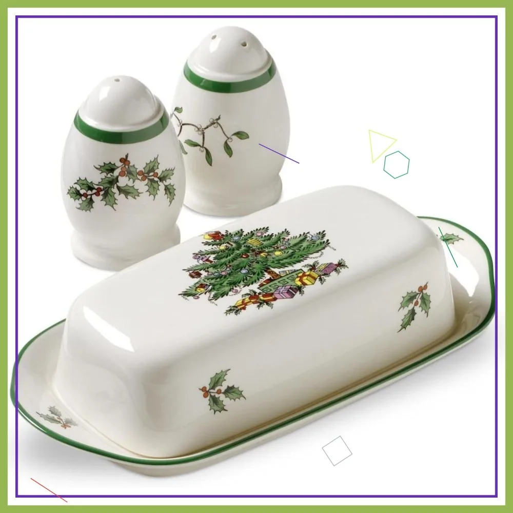 

Christmas Tree 3-Piece Hostess Set: Butter Dish with Lid, Salt & Pepper Shakers - Festive Earthenware for Holiday Entertaining