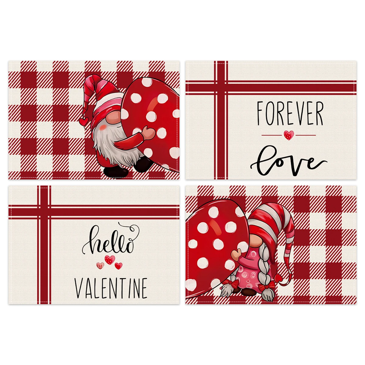 1pc/4pcs/6pcs Romantic Valentine's Day Wedding Meal Mat 4-piece Set, Grid Dwarf Blessing Printed Decorative Meal Mat 12 x 18 inc