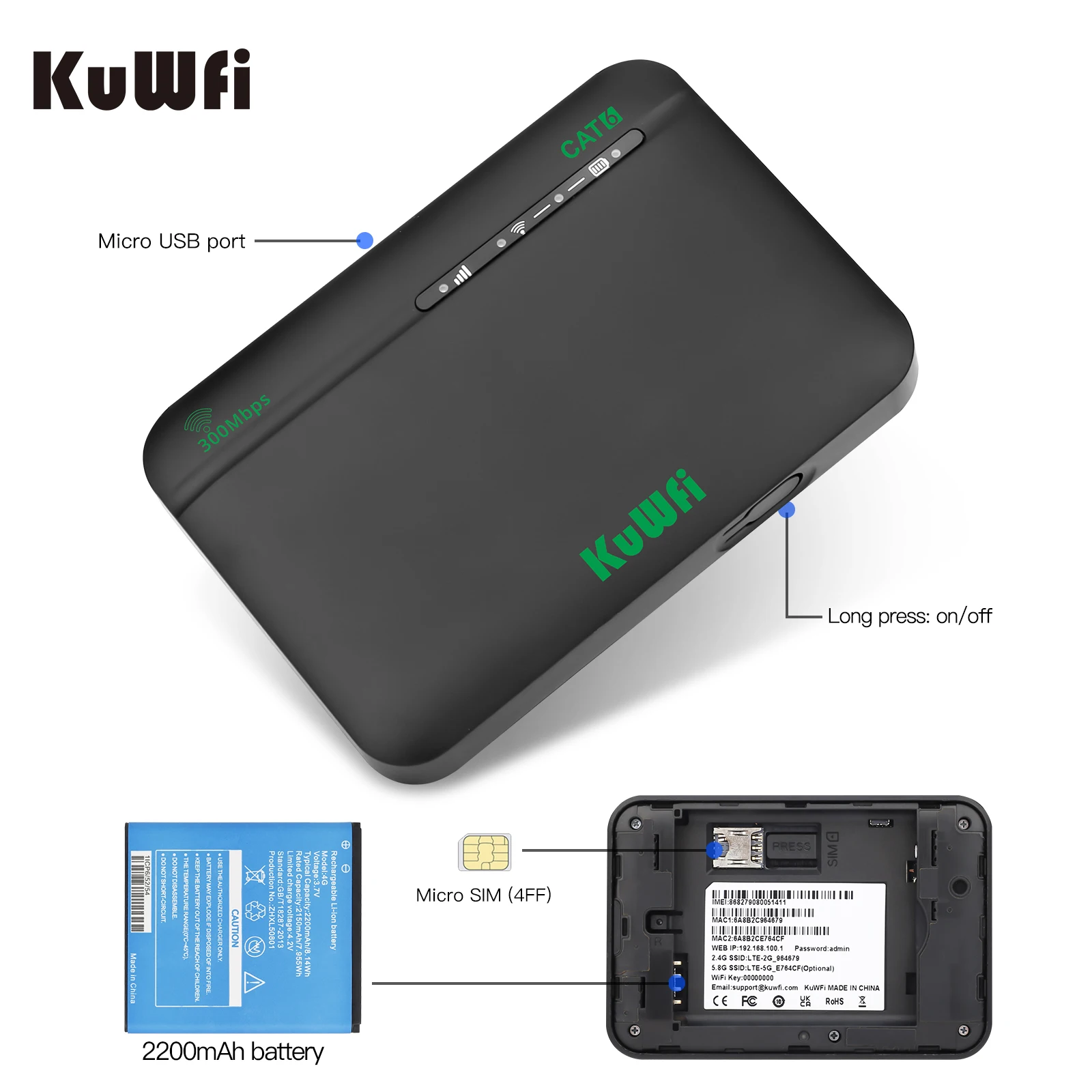 KuWFi CAT6 4G + راوتر السفر 1200Mbps 2.4G 5G ثنائي النطاق معدل WiFi المحمولة 4G LTE مودم 2200mAh بطارية USIM فتحة 64 مستخدم VPN