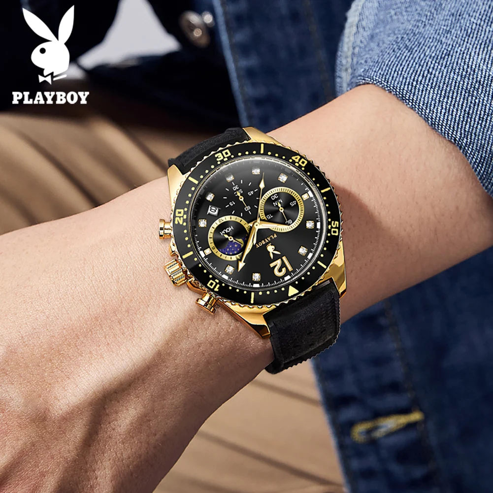 

PLAYBOY 3515 Модные мужские часы с функцией ночного освещения, хронограф, водонепроницаемость 30 м, силиконовый ремешок, 24-часовой дисплей фаз луны
