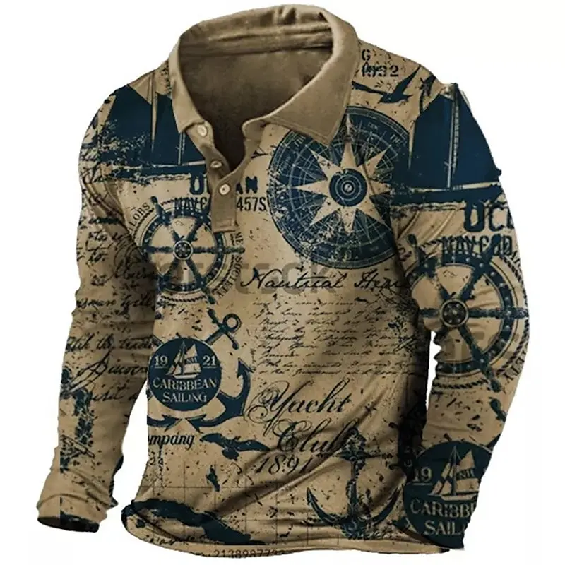 Men's Nautical Compass Long Sleeve Polo Shirt Lapel Sports Leisure Outdoor Office Daily Wear Button Spring Autumn Winter