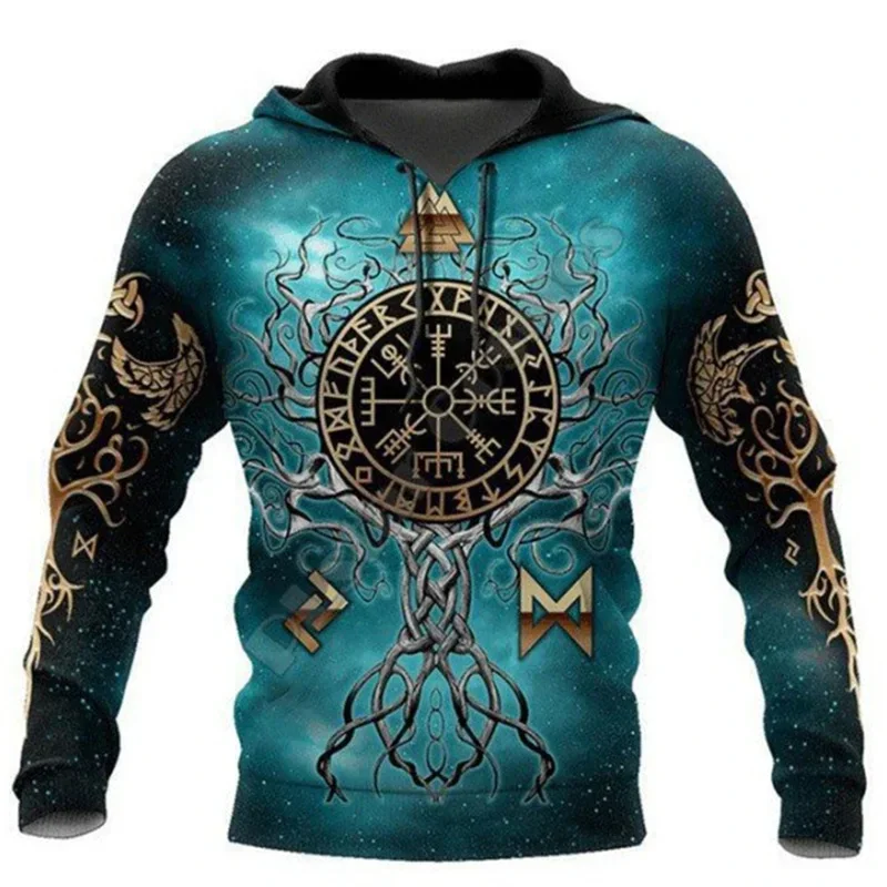 

Retro men's sportswear 3D printed Viking mythology hooded long sleeved loose hip-hop hooded sweatshirt