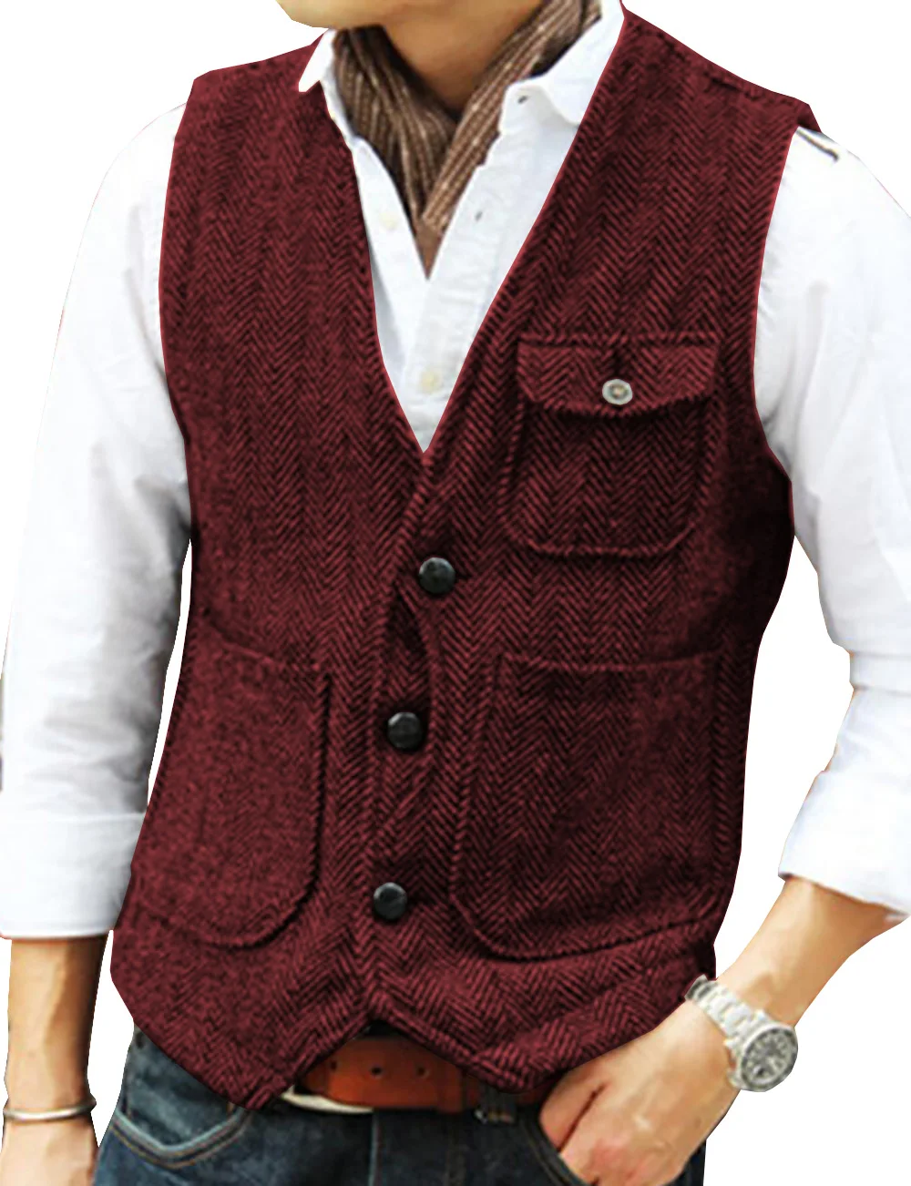 Herringbone Men's Vests Business Suit Vest Herringbone Tweed V Neck Formal Waistcoat For Wedding Suit Or Tuxedo Men Vest