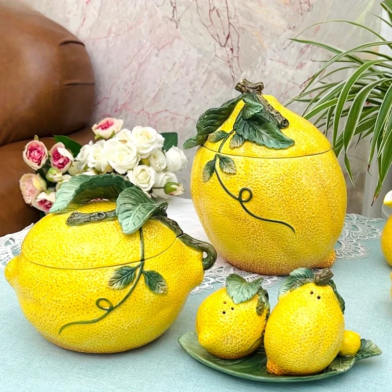 Ceramic Lemon Storage Jar Ornament Simulated Fruit Decoration Crafts Storage Bottle Sealed Jar Tea Caddy Candy Jars Organizer