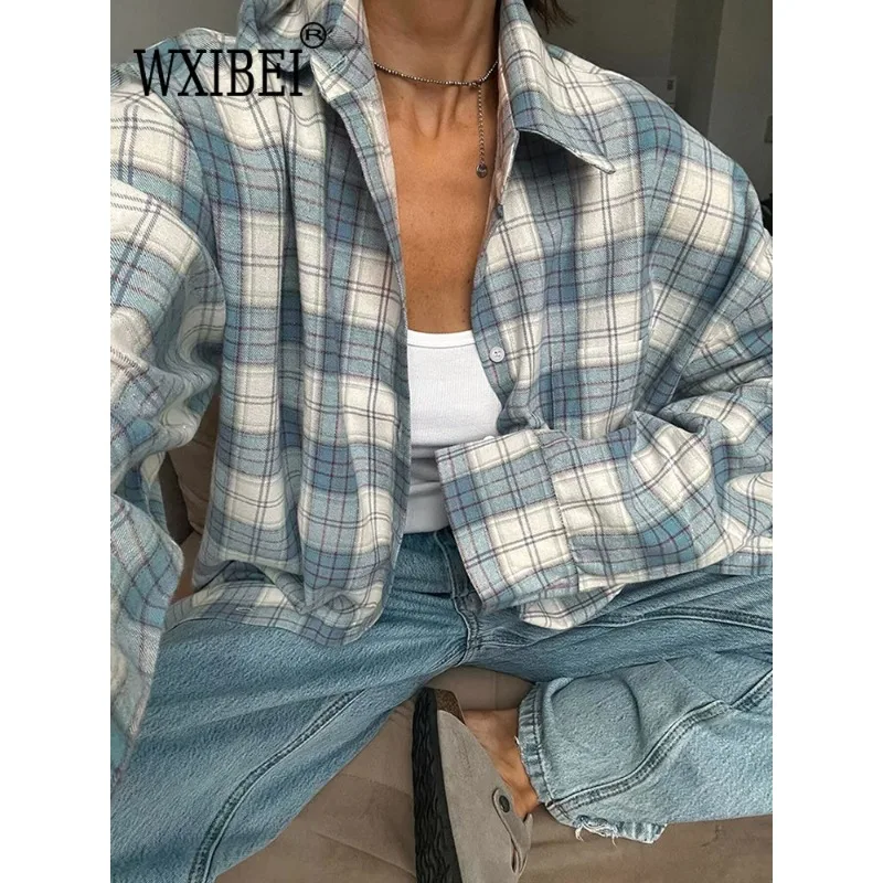 2024 Women Autumn Winter Long Sleeve Blue Plaid Shirt Vintage Oversized Loose Fit Blouse for Woman