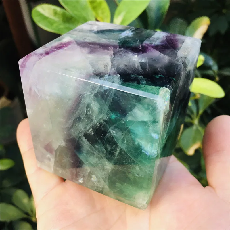860g natural crystal seven-color fluorite square polished home decoration