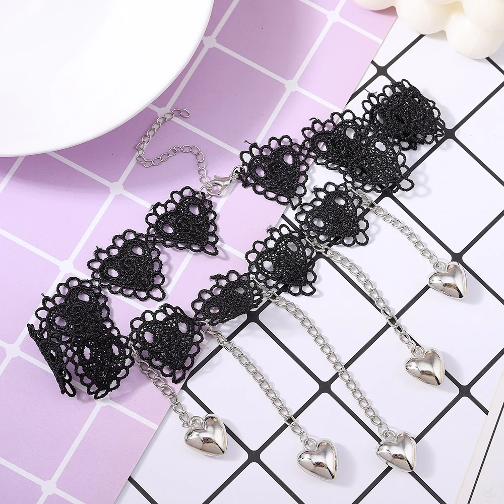 Aihua Gotische Viktorianische Schwarze Spitzenkette für Frauen Lange Quasten-Herz Sexy Spitzen-Choker Halskette Steampunk Kragen-Schmuck – Detail 4