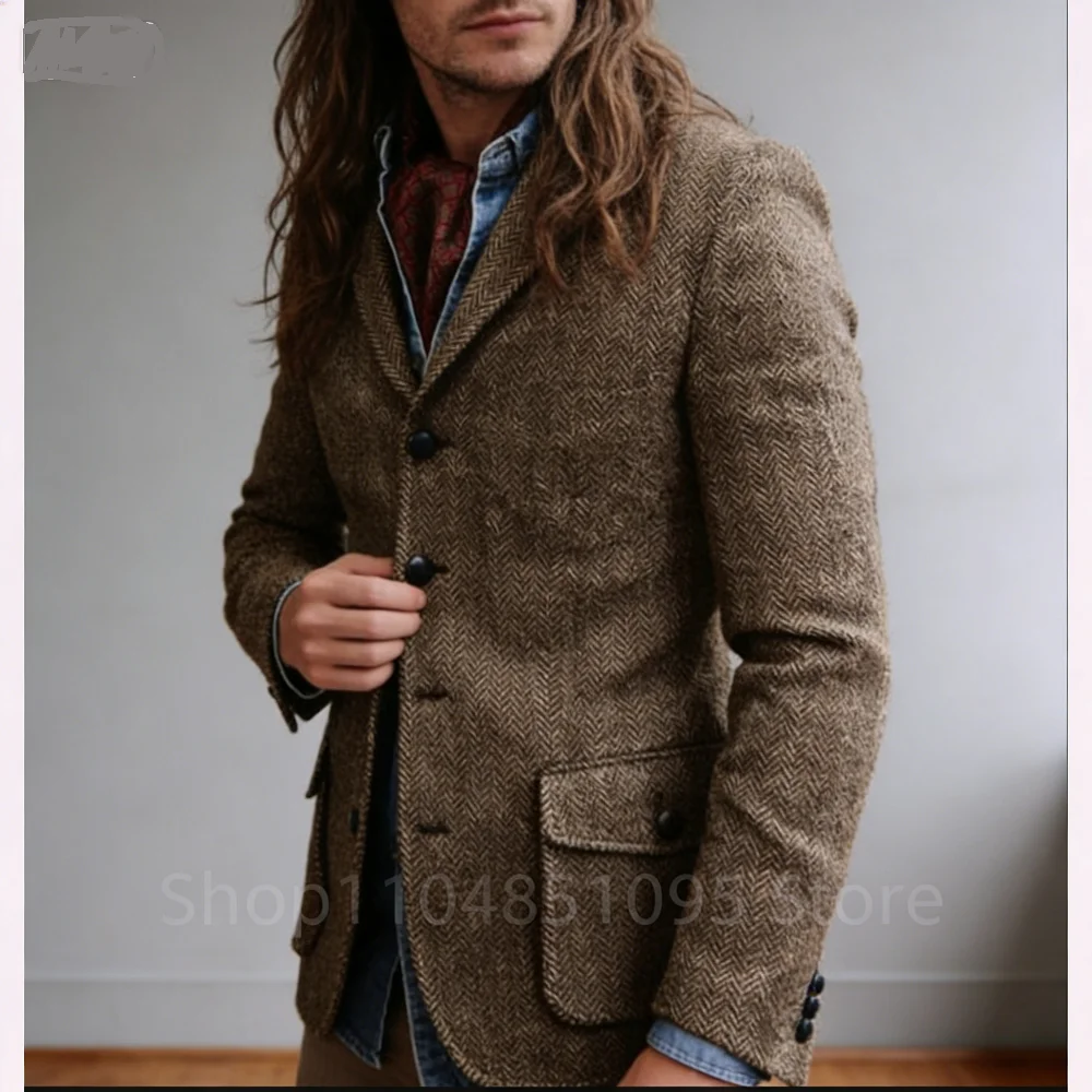 

Men's Brown Fishbone Tweed Blazer Suit Single Breasted Two-Button Business Smoking Dance Coat Woolen Terno Male Dress