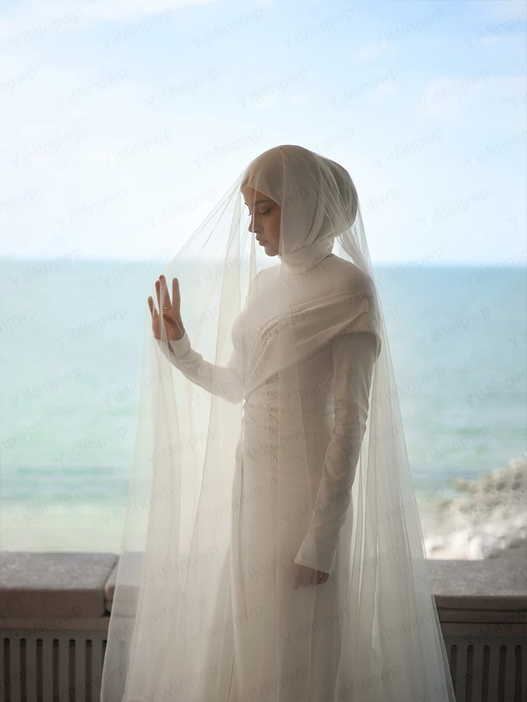 فساتين زفاف إسلامية برقبة عالية وأكمام طويلة فستان عروس حورية البحر سويب تراين شاطئ مطرز بالخرز فستان زفاف مخصص رداء دي ماري #6