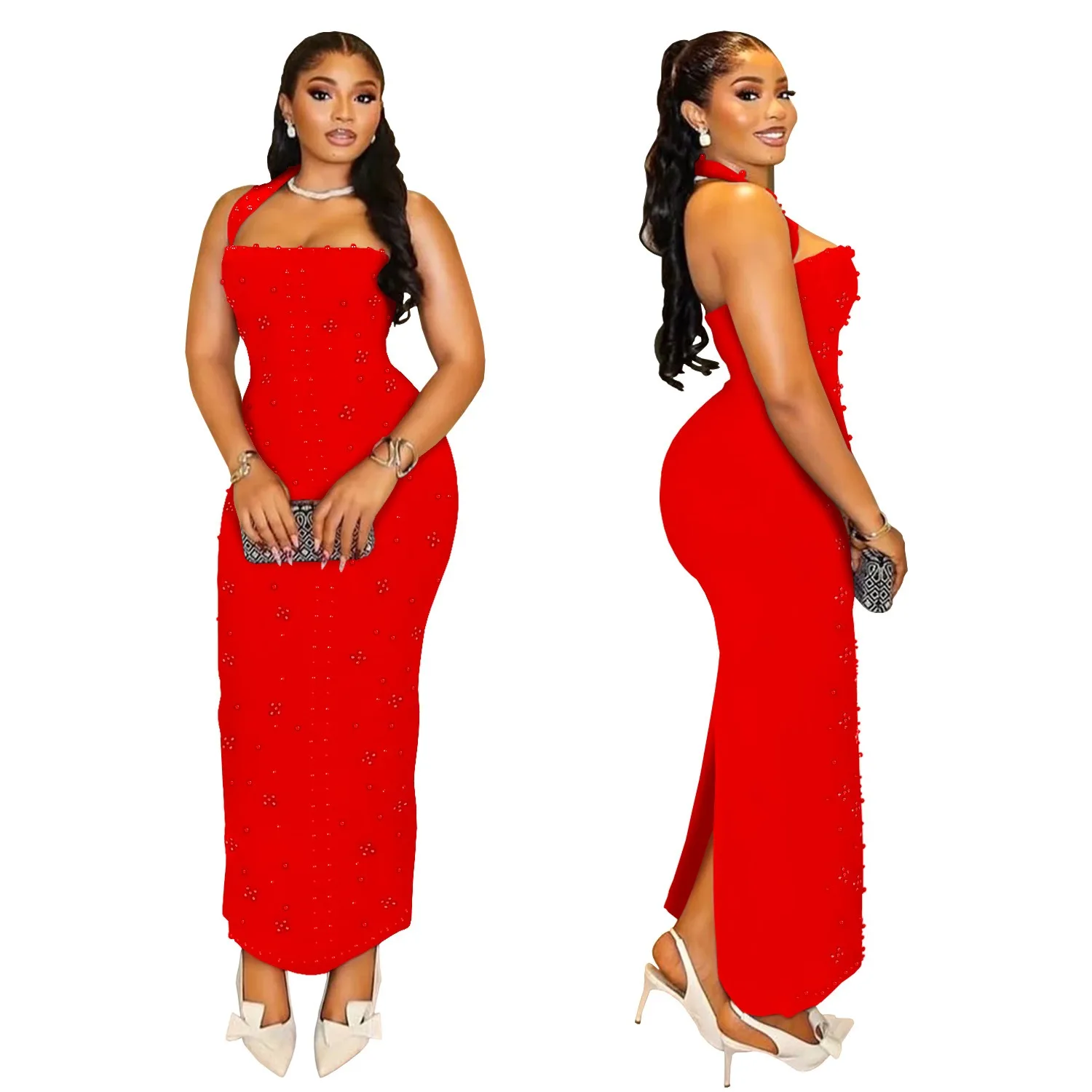 Abiti sexy per feste in discoteca, banchetti, club, ballo di fine anno, collo appeso, perline a bolle di perforazione a caldo