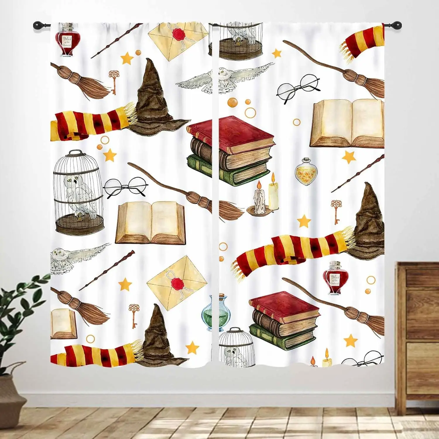 Magical Wizard Curtains,Gothic Magic Witch Mysterious Funny Book Hat Wizard Skull Owl Boys Girls Teen Bedroom Living Bathroom