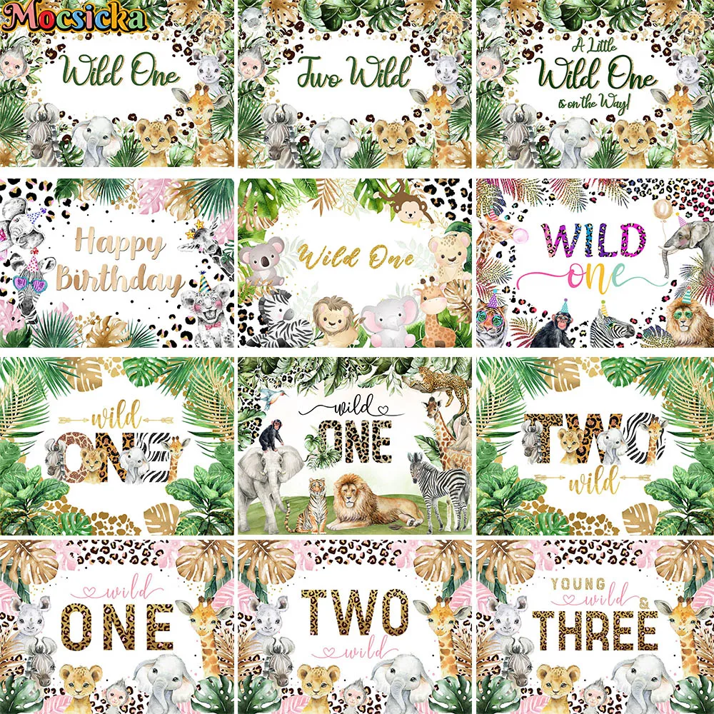 

Safari Wild One Baby Birthday Party Backdrop Banner Tropical Forest Elephant Lion Animal Leopard Background Kid Studio Photocall