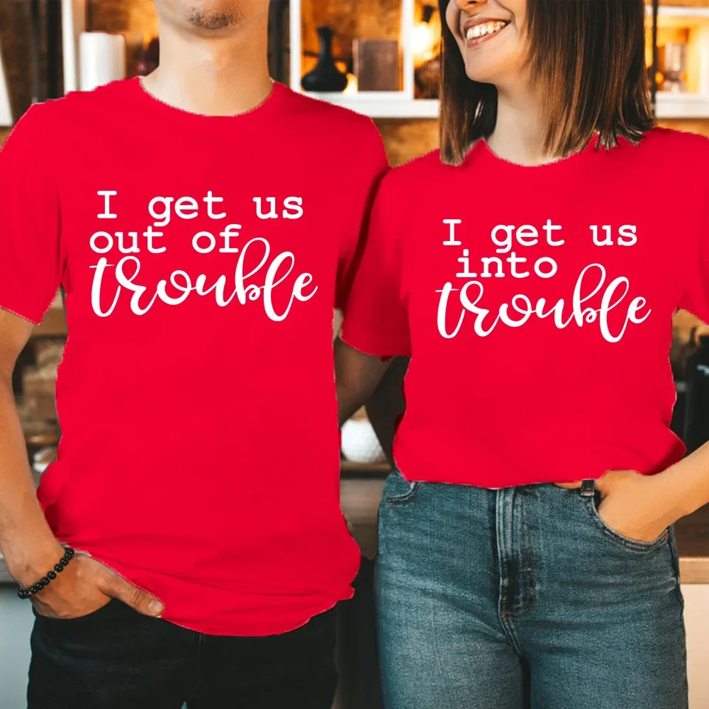 

Valentine's Day I Get Us Into Trouble Letter Print Lovers T Shirt Couple Short Sleeve O Neck Loose Tshirt Women Tee Shirt Tops