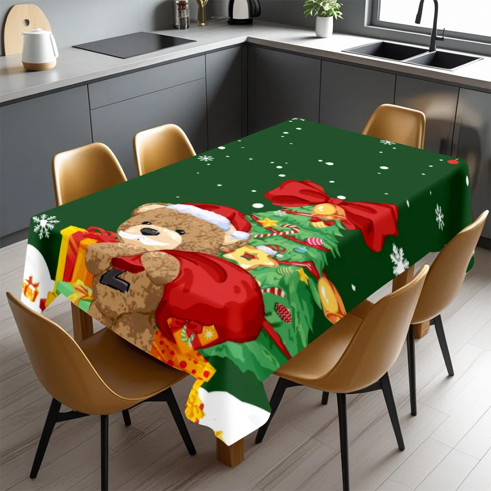 Christmas Tablecloth Green Forest Scene Bear and Festive Garland Waterproof Dining Table Cover for Holiday Decor