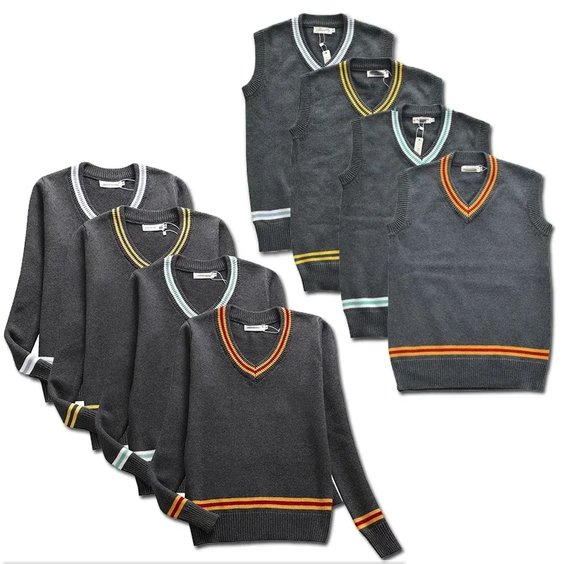 2025 disfraz de Cosplay escuela de magia Hufflepuff Ravenclaw Slytherin mago cuello en V suéter uniforme raya algodón sin mangas tejido