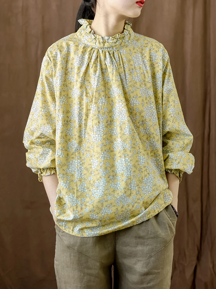 

Women's Floral Print irt High Collar Long Sve Loose Fit Base Layer Top Vintage Sle Lantern Sve Cotton Material