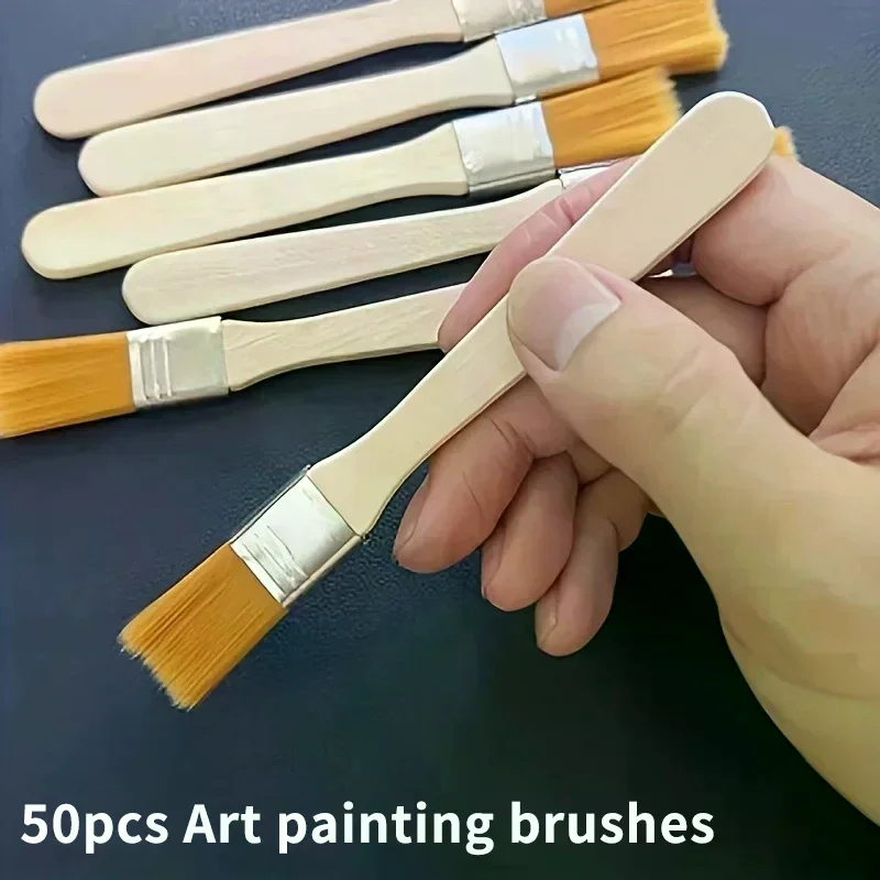 50pcs-nylon Brushes, Short Wooden Handle Art Paint Brushes, Watercolor Brushes, Wall Brushes, Art Brushes, Cleaning Tools