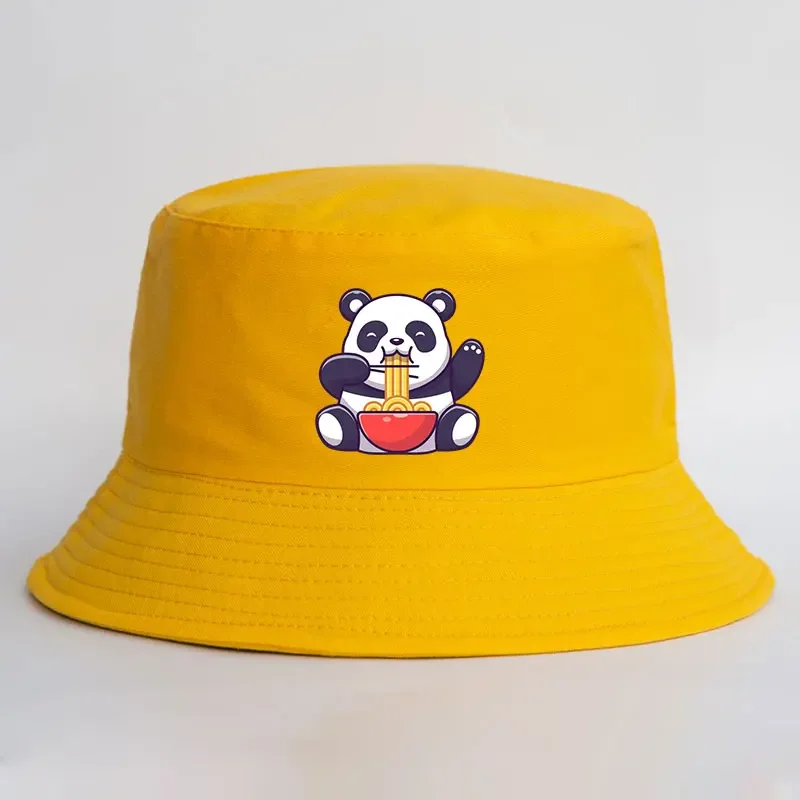 Panda Eating Noodles Pattern Reversible Bucket Hat Summer Outdoor Panama Fishing Cap Boy Sun Visor Hat Male Sun Fisherman Cap