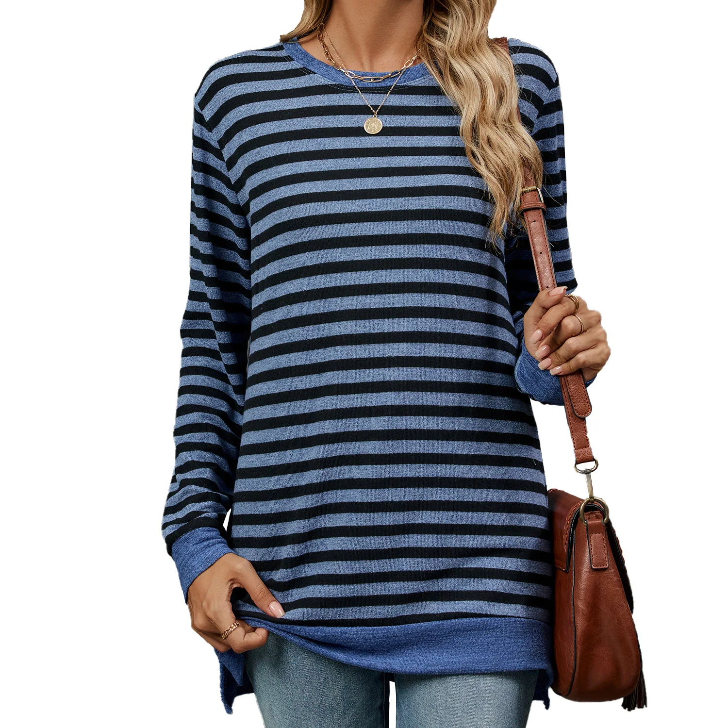 2025 Spring Autumn Women's Stripes T-shirt Loose Fashion Headband Contrasting O-Neck Long Sleeve Top for Female