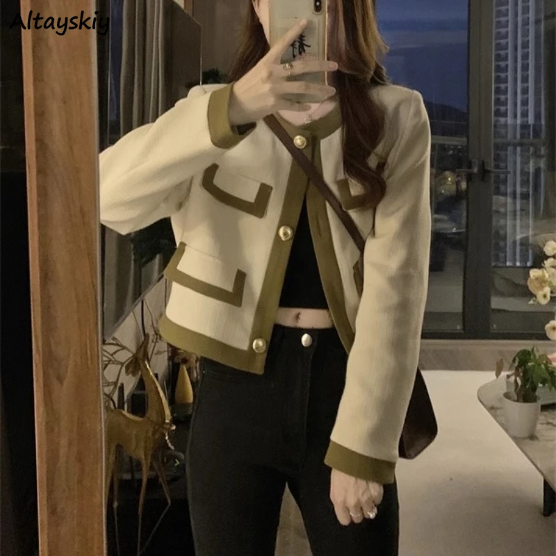 Jackets Women Loose Contrast Color Temper Crop Coats Autumn Fashion Design All-match Elegant Streetwear Ulzzang Feminine 2024