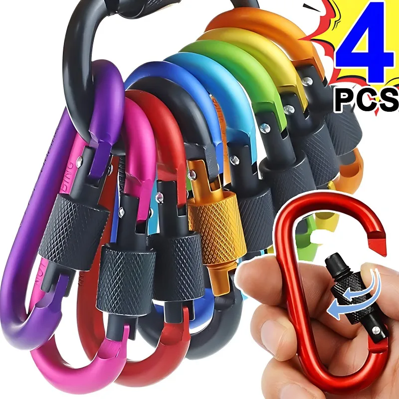 1/4pcs D Shape Carabiner with Screw Lock Outdoor Climbing Camping Buckle Bold Aluminum Alloy Locking Clasp Keychain Accessories