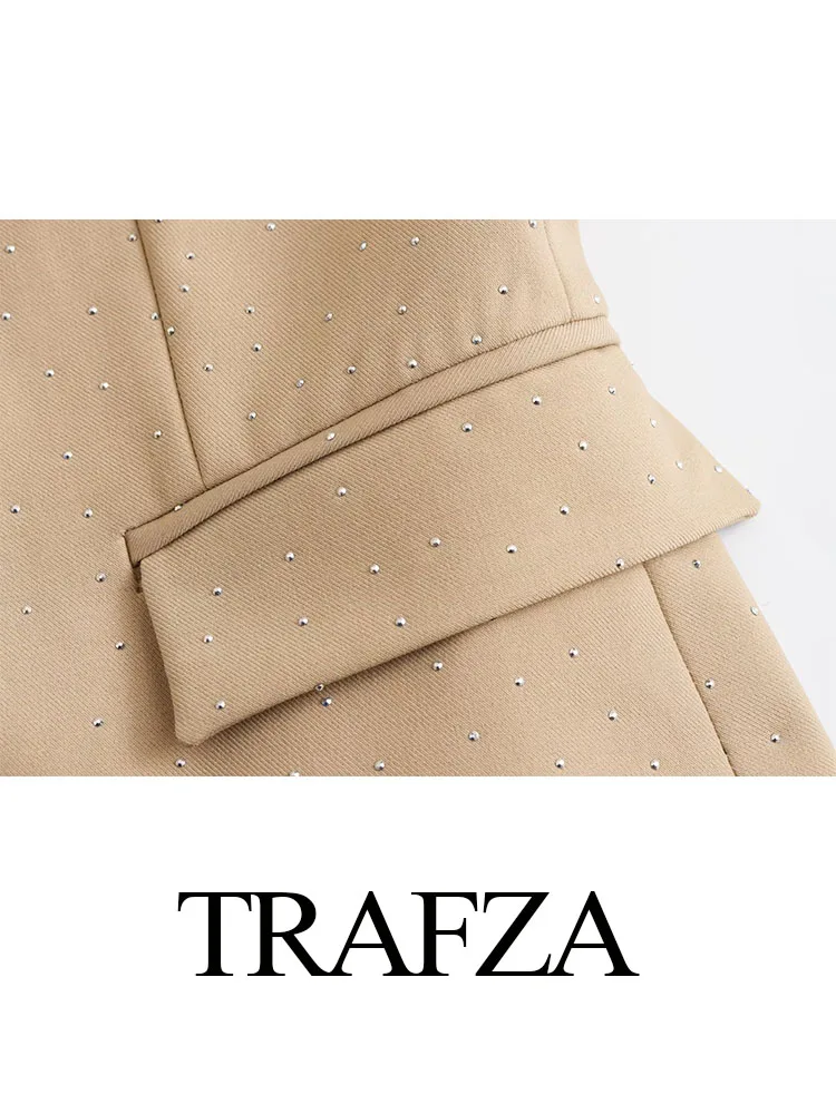 TRAFZA 2023 Autumn Fashion Diamond Pockets Zipper Pencil Pants Woman Long Sleeves Lapel Shiny Short Suit Blazer Outwears