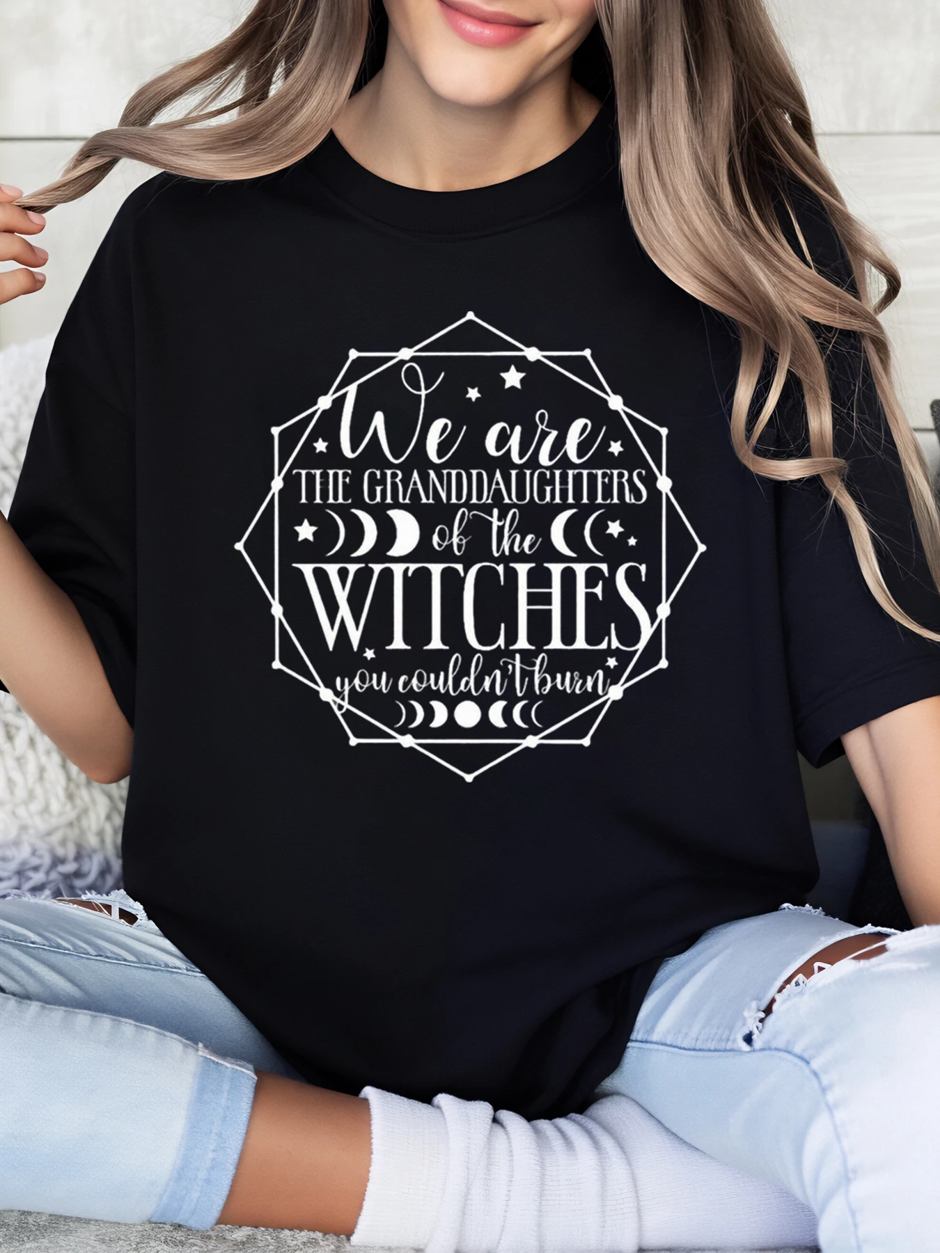 

Witch Symbol and Text Print Halloween T-Shirt Women Casual Wear for Festival Black Plus-Size