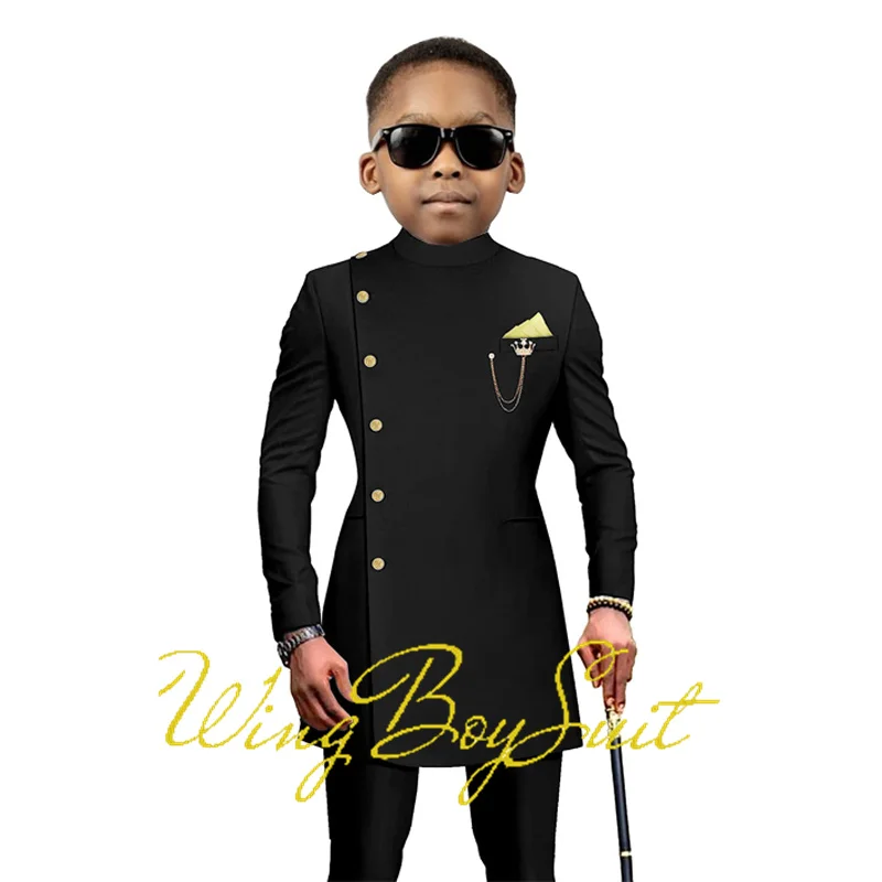 African Style Boys Suit Long Jacket Pants 2 Piece Set Single Breasted Blazer Wedding Tuxedo Kids Formal Party Dress