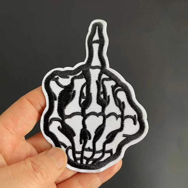 12 Stück/Schwarze Stoff-Applikationen Punk-Patches Thermoklebende Totenkopf-Geisterfinger-Stickereien Aufbügelbare Aufkleber für Kleidung, Jacken – Detail 7