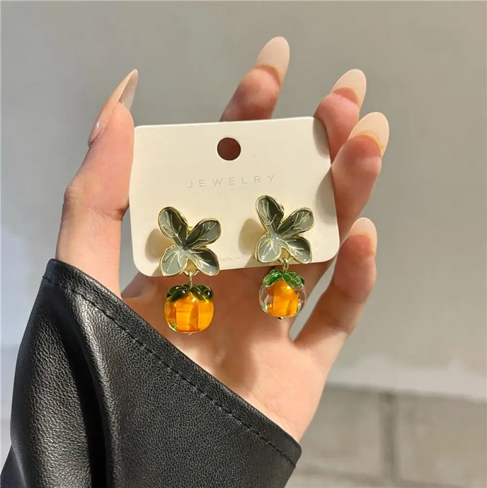 Gift Persimmon Ruyi Clip Ear Retro Glass Persimmon French Stud Earrings For Women Girl Advanced Female Earrings Jewelry