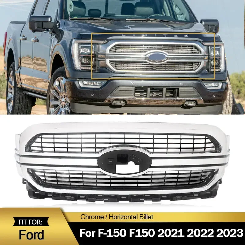 

Front Bumper Grille Grill Chrome For Ford 2021 2022 2023 F-150 F150 Limited XLT