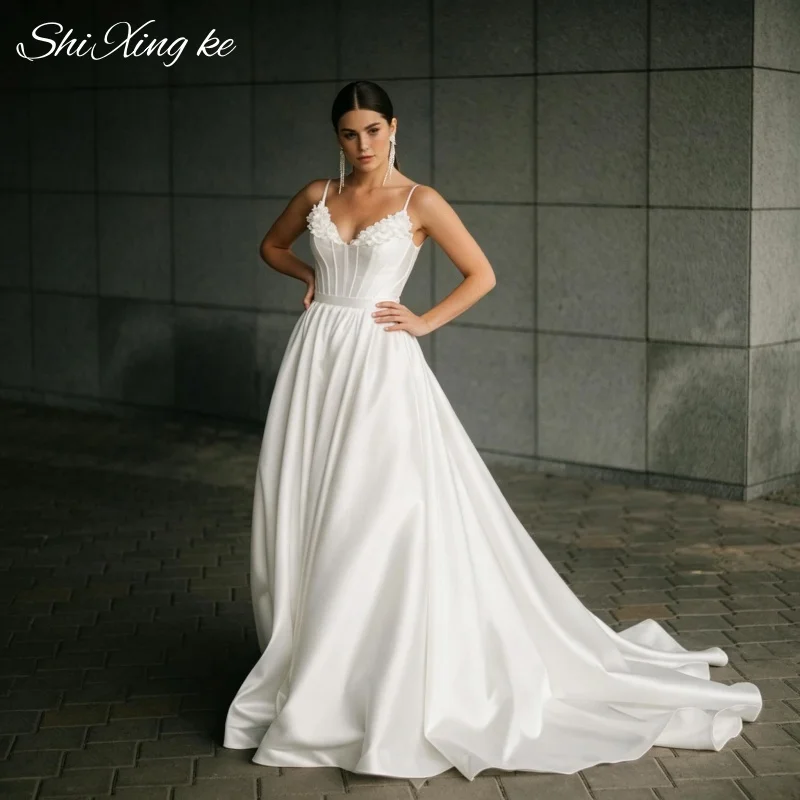 Simple Luxury Sweetheart A Line Wedding Gown Satin Corset Bodice Brush Train Vestidos De Novia Customized
