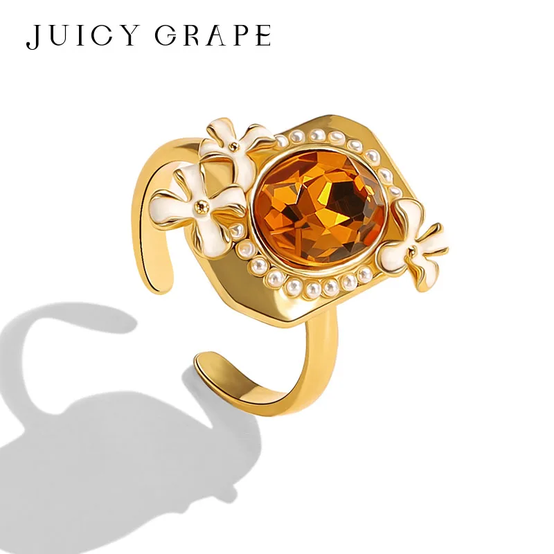 Juicy Grape Adjustable Gold Plated Osmanthus Gemstone Ring Handmade Enamel Floral Vintage Jewelry Gift for Women