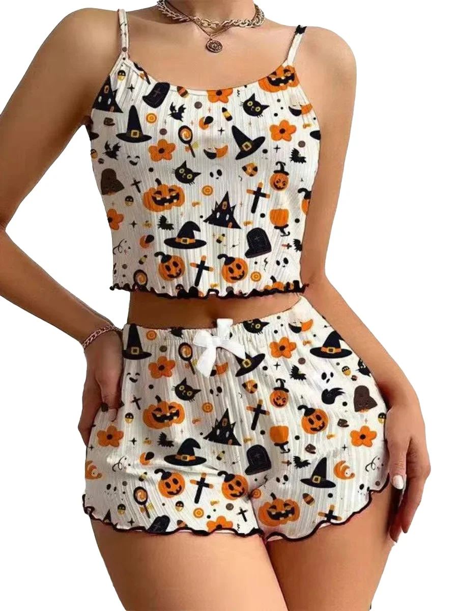 Casaul Elegant Style Shorts Sets Cute Printed Backless Deep V Suspenders Sleeveless Bowknot Shorts Sets Elegant 2 Piece Set UADH