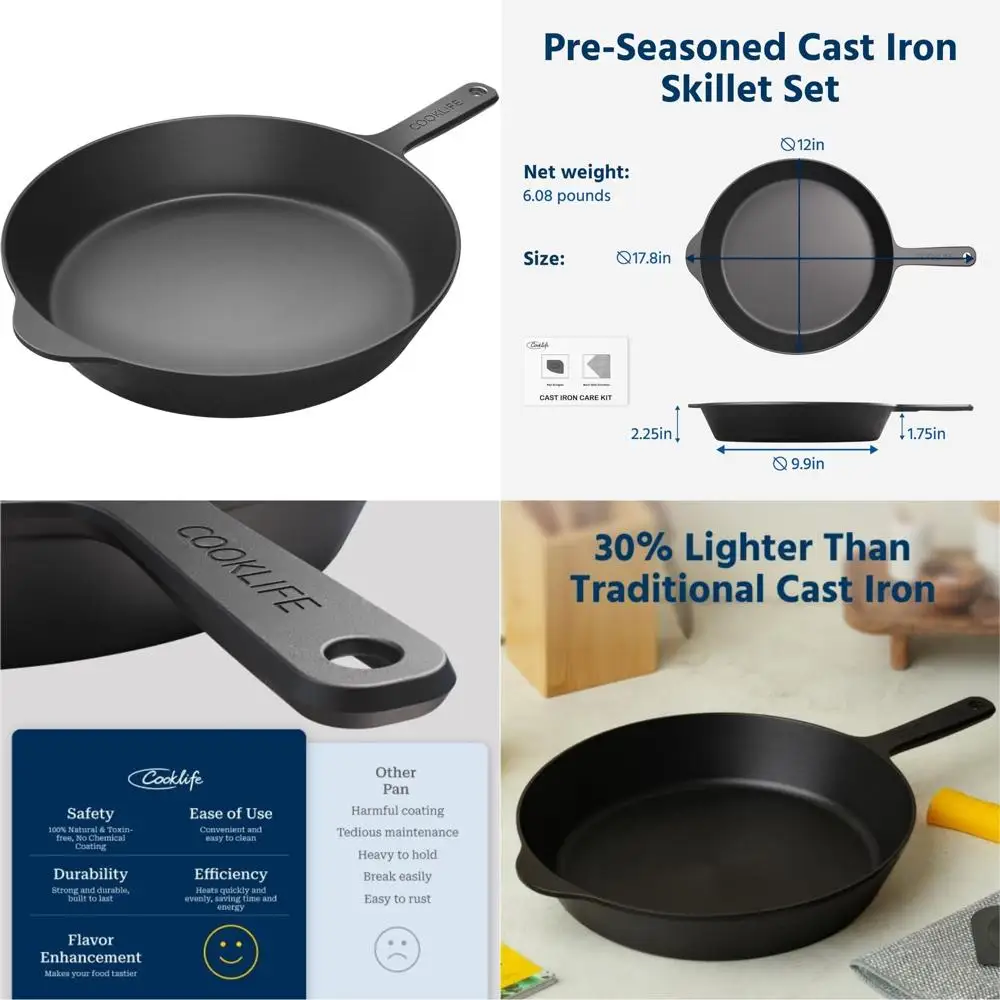 

COOKLIFE 12 Inch Lightweight Pre-Seasoned Cast Iron Skillets - Smooth Polished Surface, Easy to Clean Cast Iron Pan Use in the O