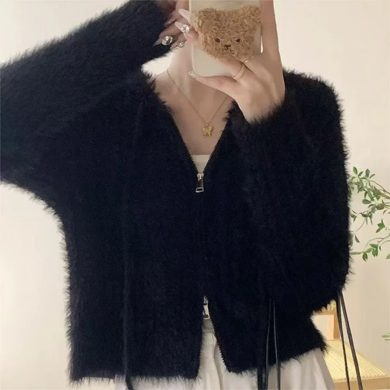 Hooded Knit Cardigan for Women Long Sleeve Fuzzy Knit Zip Up Crop Sweater Jacket Fall Winter Teen-girl Y2K Acubi Outfit