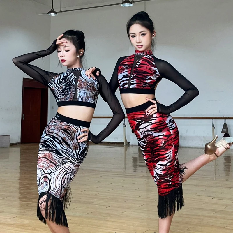Fashion Women'S Latin Dance Competition Clothes Adults Samba Rumba Latin Dance Leopard Top Tassels Skirt Training Costume 12645