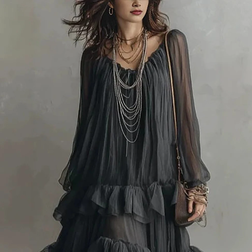 Gotisches Boho-Chiffon-Maxikleid für Damen mit langen transparenten Ärmeln, lockerem, mehrlagigem Rüschensaum, fließendem, bodenlangem, lässigem Design.