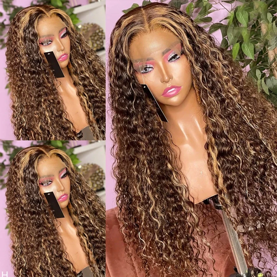 HD 13x4 13x6 Brown Lace Front Wig Honey Blonde Colored Curly Human Hair Wigs Highlight Wig Human Hair Deep Wave Lace Frontal Wig